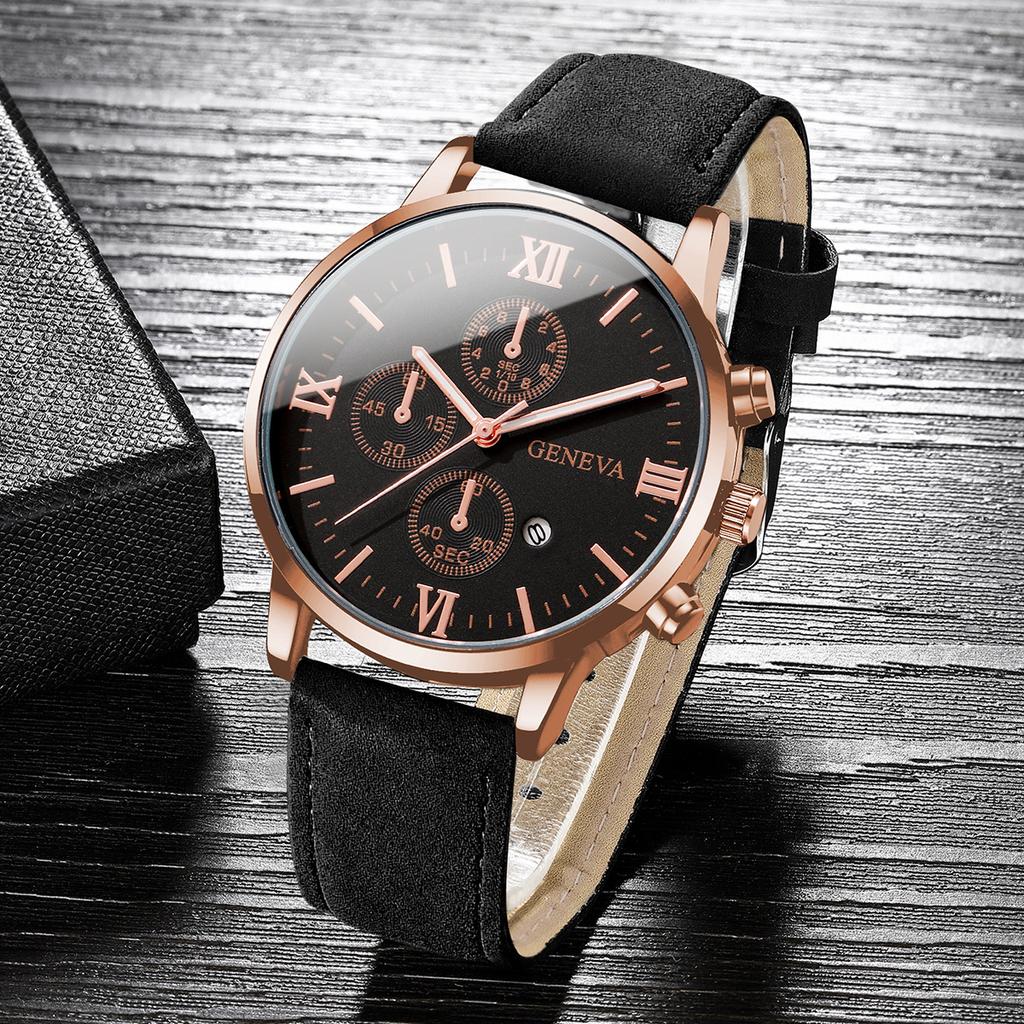 2 Pcs/set Men's Business Watches Fashion Rome Dial Date Watch Leather Bracelet Quartz Wrist Watches Female Watches (Without Box)