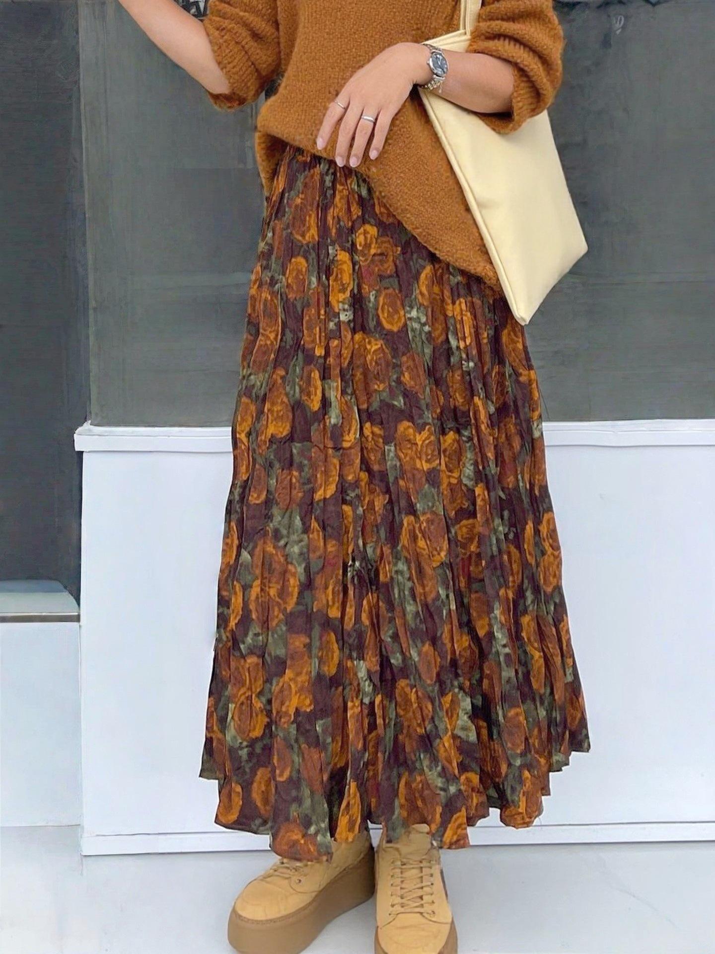 

2025 Autumn/Winter Casual Fashion Print Pleated High-Waisted A-Line Midi Skirt One Size жёлтый