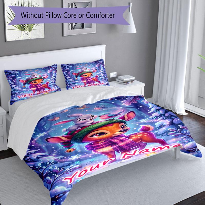 3PC Custom Name Winter Forest Friends Bedding Set Duvet Cover Closure Includes 1 Duvet Cover & 2 Pillowcases for Bedroom