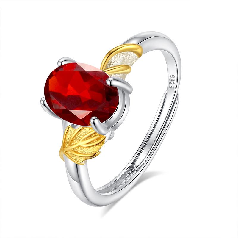 Natural peridot s925 sterling silver ring adjustable crystal stone topaz gold leaf ring light luxury fashion gift