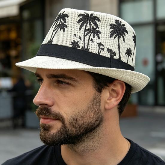 Yousheng Vacation Beach Hat, Straw Woven Sun Protection Hat with Coconut Tree Pattern, Retro Jazz Style Hat for Summer Vacations Pool Parties