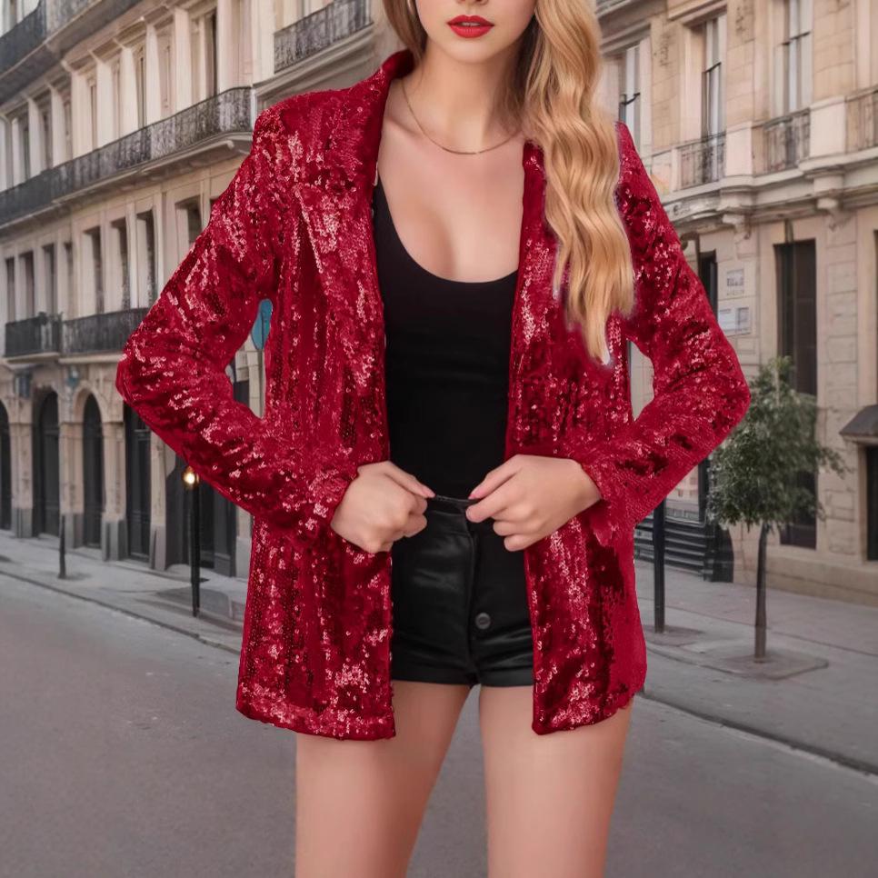 Women's Sequin Lapel Cardigan Blazer - Solid Color, Long Sleeve, Casual