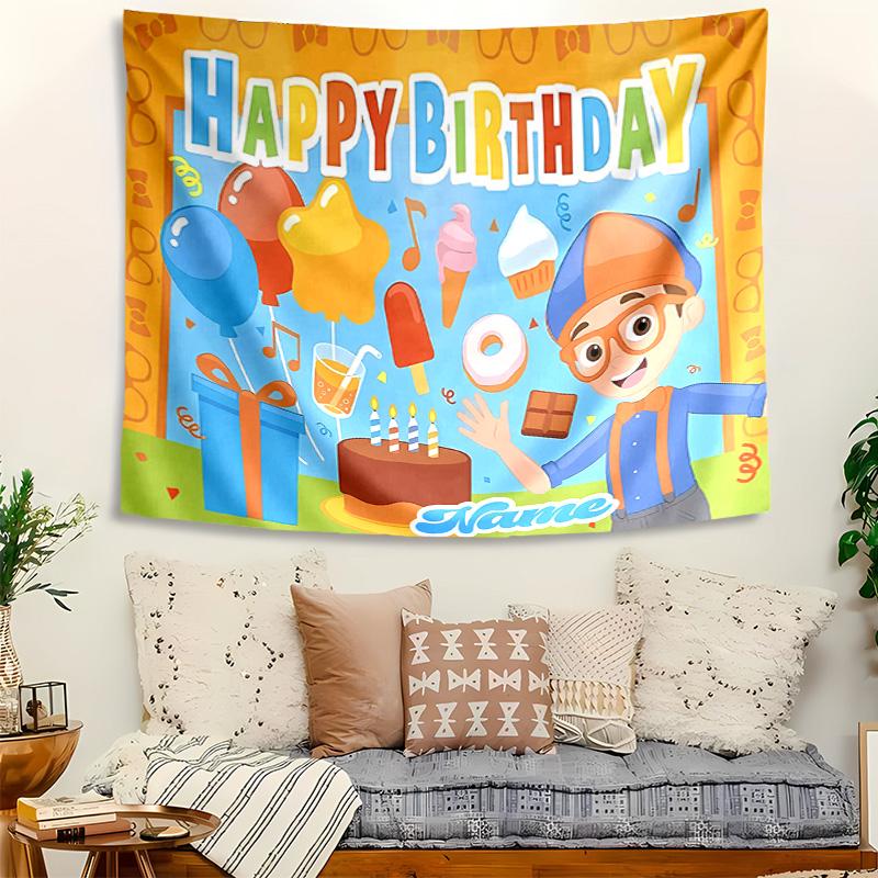 Personalized Blippi Background Tapestry,Custom Name Birthday Party,Multifunctional Wall Decoration for Home Decor,Various Occasions