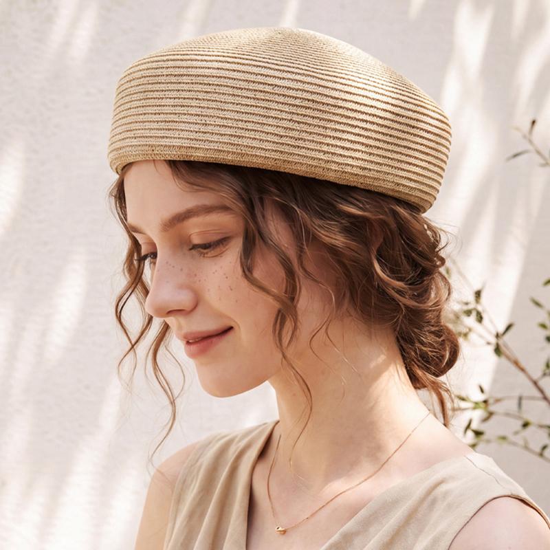 Casquette Beret en Paille Tressée pour Femme Respirante Légère Style Français d'Été Casquette Plate Chapeau de Soleil