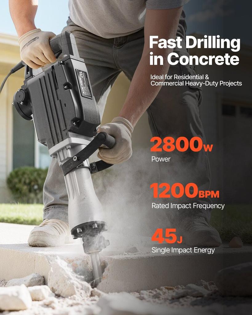 Demolition Jack Hammer, 2800 W Powerful Electric Jackhammer, 1200 BPM Concrete Breaker with a Point Chisel, a Flat Chisel, Carrying Case, Gloves, for