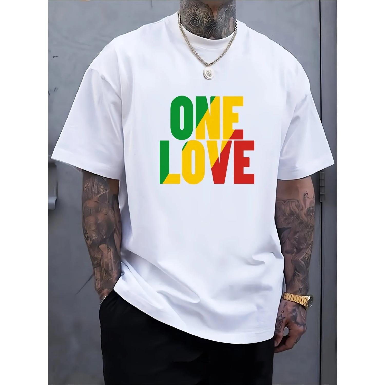 

Fashion Round Neck Short Sleeve T-Shirts One Love Striped Printed Cotton Tees Men Women XXXXXL чорний