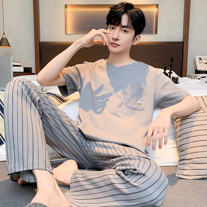 Sleepwear Men's Cotton Summer Pajamas Set Young Boy Nightwear Casual Pjs Short Sleeping Top Dropship Hombre Pijamas