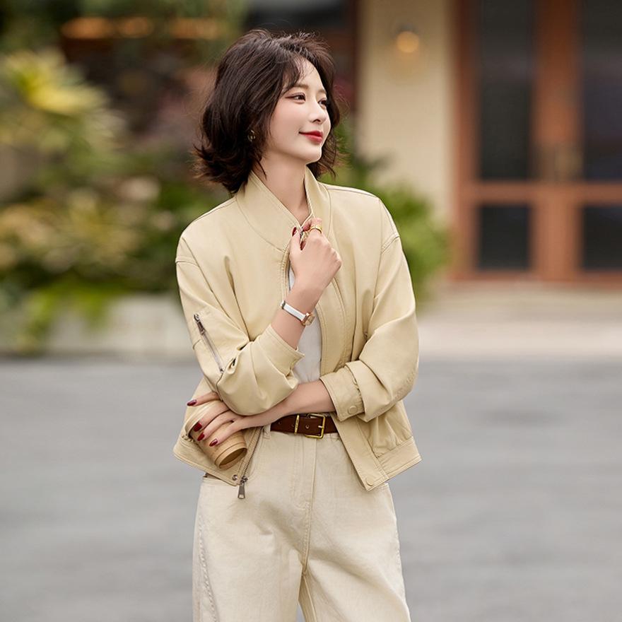 Stand-up collar leather jacket short women's spring and autumn new loose fashion jacket casual top