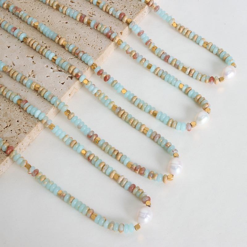 Gold Plated Light Blue Natural Stone Beaded Baroque Pearl Necklace