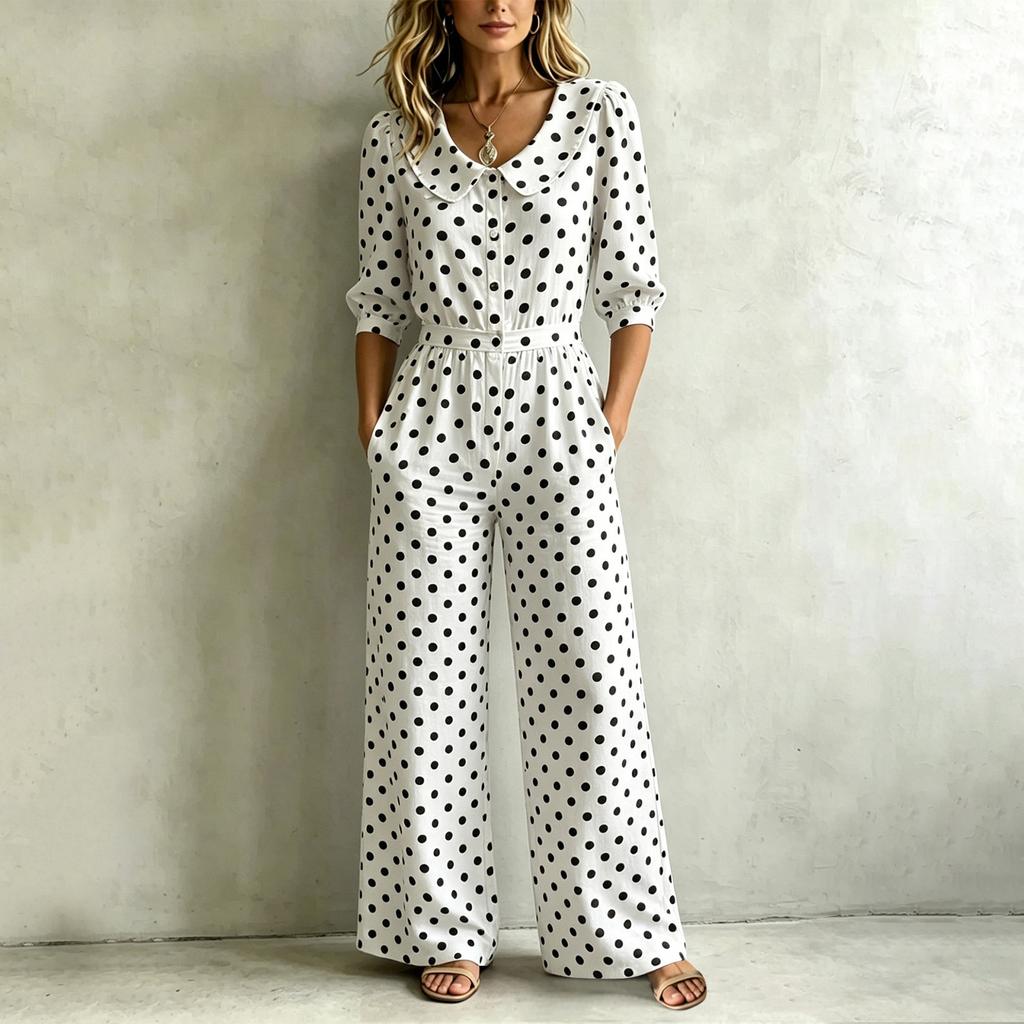 Women's Polka Dot Jumpsuit Casual Vacation One Piece Outfit Wide Leg Elastic Waist 3/4 Sleeve V Neck Button Front