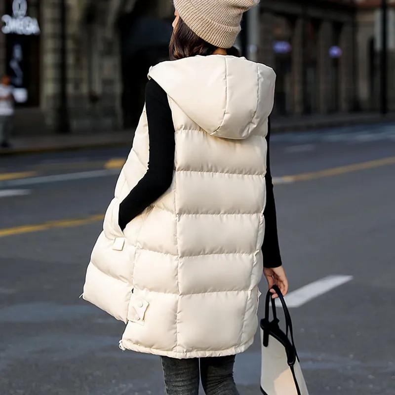 Women's Vest Jacket Down Cotton Vest Autumn Winter Jacket Hooded Long Coat Sleeveless Loose Female Waistcoat Snow Wear