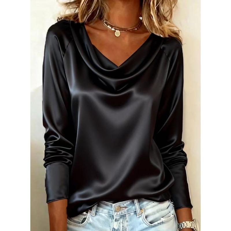 women s Solid Color Satin Cowl Neck Raglan Long Sleeve Blouse Elegant Commuter Shirt Top S чёрный