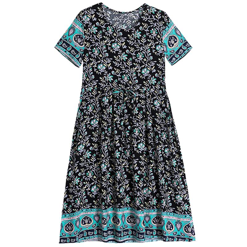 Plus Size Women's Long Dress Summer  Short Sleeve Vintage Print Dress for Women