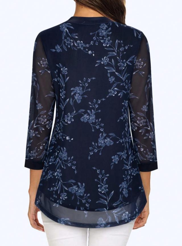Women's European & American V-neck 3/4 Sleeve Printed Chiffon Loose Plus Size Top