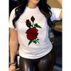European Sizes Women'S Soft Pink T-Shirt - Elegant Red Rose Floral Graphic Tee, Relaxed Fit Round Neck Top for Everyday & Formal Outfits