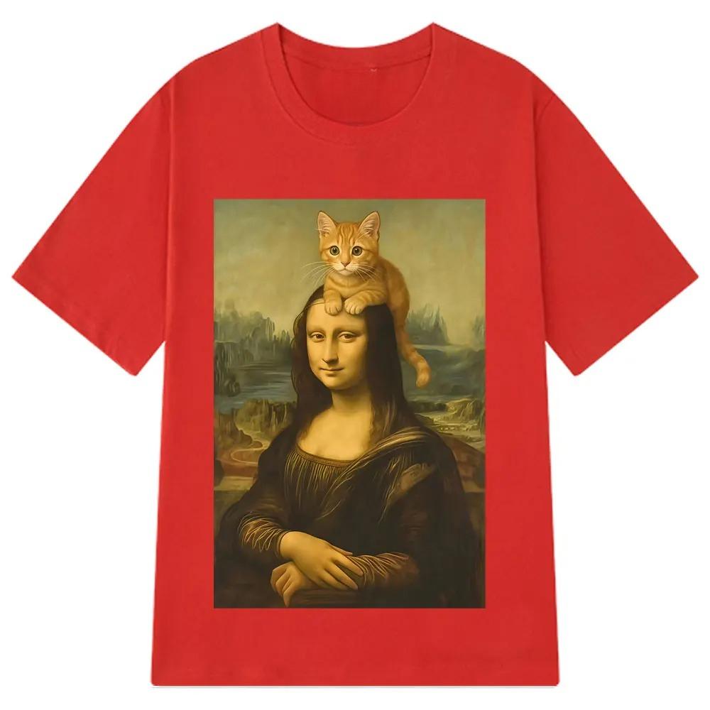 Cat Ahd Mona Lisa with Cat Funny Meme Print T Shirt Women Shortsleeved Harajuku Casual Tshirts Streetwear Tees Casual Clothes