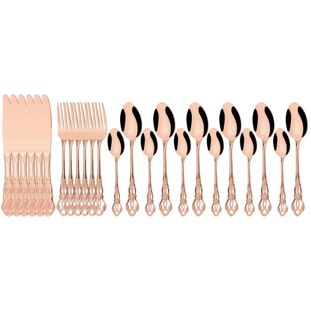 24Pcs Knife Fork Ice Spoon Dinnerware Set Colorful Stainless Steel Cutlery Set Vintage Hollow Tableware Wedding Party Silverware