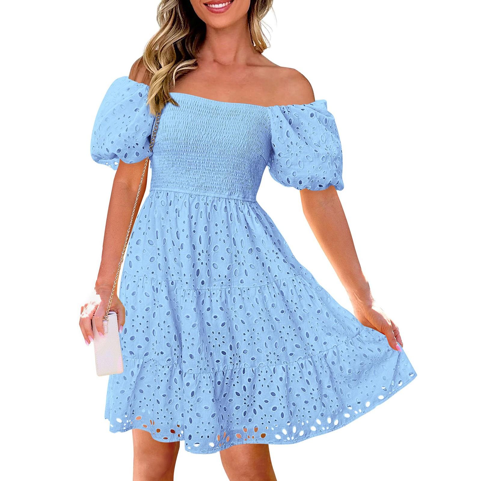 

Жіноча літня сукня з пуховими рукавами та відкритими плечима. Повсякденні короткі сукні M синій