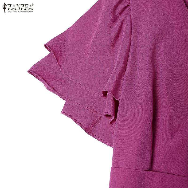 ZANZEA Women Casual V-Neck Summer Short Sleeve Pleated Dress