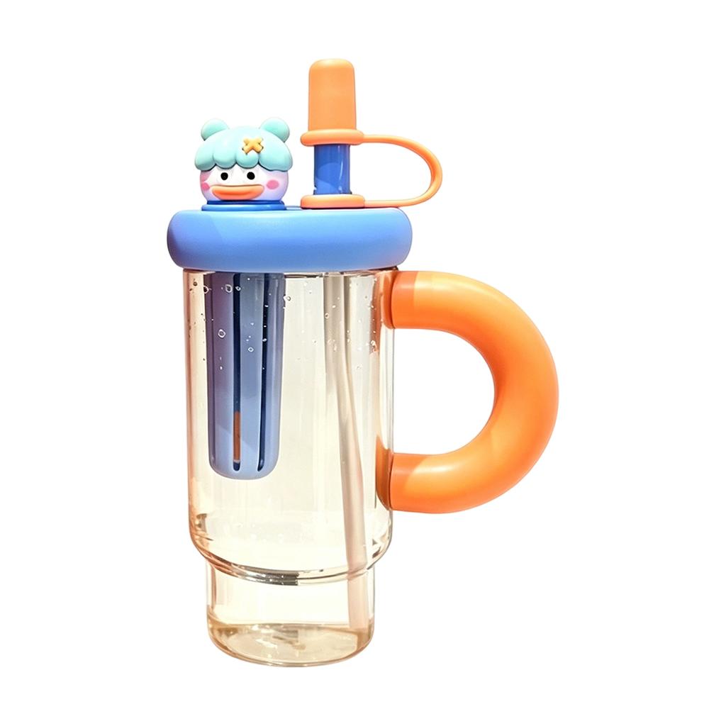 Double Layer Straw Cup with Cartoon Lid Handle Heat Resistant Leak Proof Reusable Water Bottle Cute Doll Handle Insulated Tumbler
