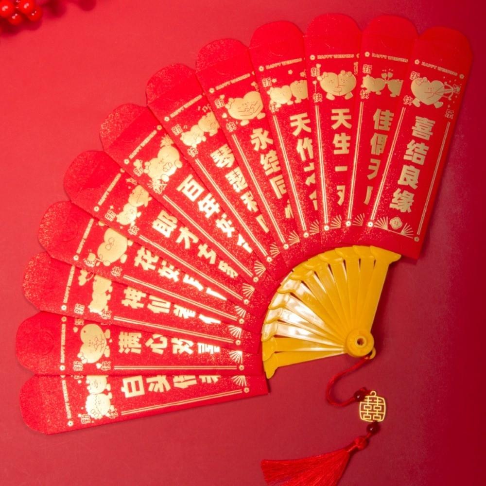 

Traditional Fan Design Red Envelope with Chinese Knot 10/12 Cards Wedding Money Bag Bonus Thickened Lucky Money Packet 5x5x5cm