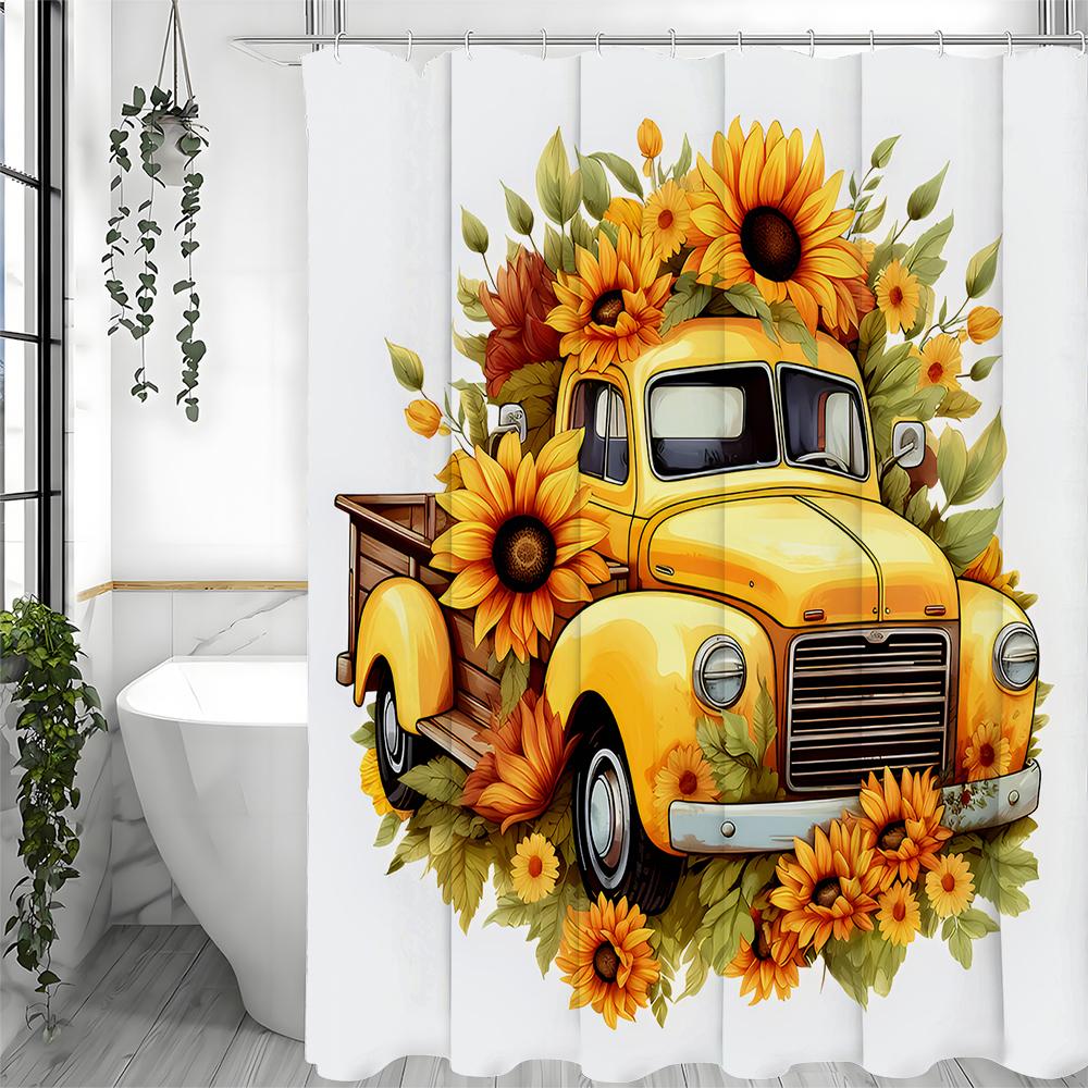 Fall Harvest Festival Sunflower Car Yellow Shower Curtain, Bathroom Decorative Shower Curtain, Waterproof Shower Curtain with Ho