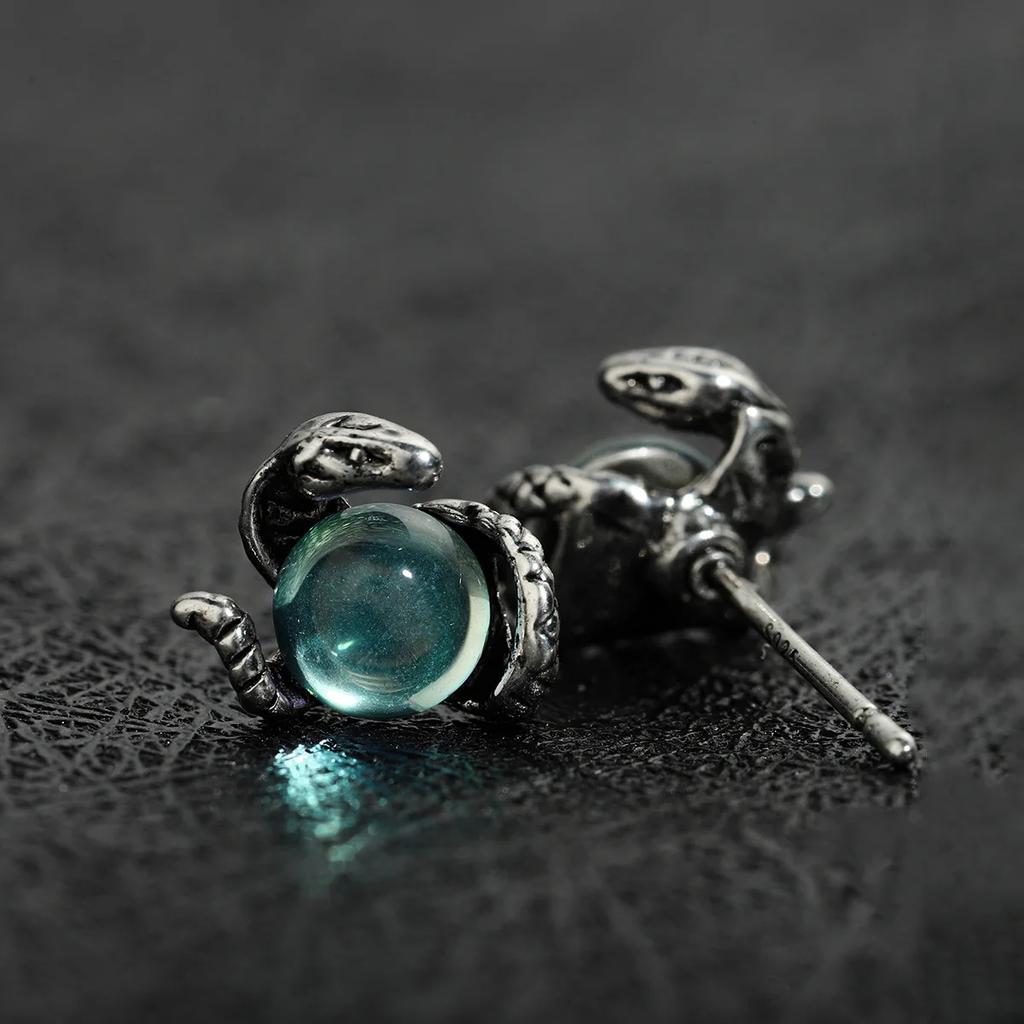 Vintage Silver Color Animal Snake Stud Earrings for Men Women Punk Earrings with Light Blue Stone Personality Jewelry Gifts