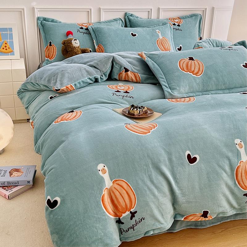 Thickened Milk Fleece Printing Four-Piece Set, Fleece Warm Coral Fleece Skin-Friendly Student Dormitory