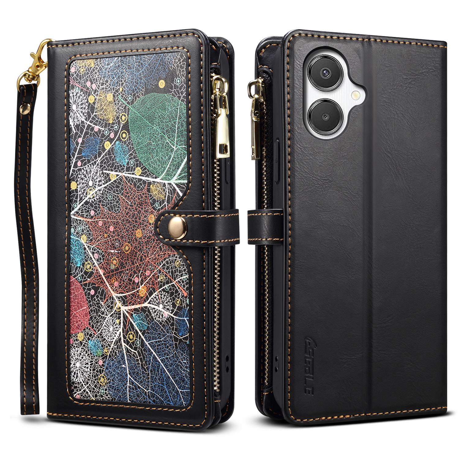 

ESEBLE Galaxy Series For Samsung Galaxy A07 Case RFID Blocking Leather Zipper Phone Cover with Shoulder Strap+Wrist Strap Black