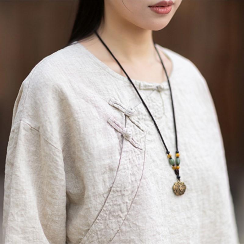 Johnature Women Vintage T-Shirts Summer Chinese Style Solid Color Loose O-Neck Seven Sleeve T-Shirts