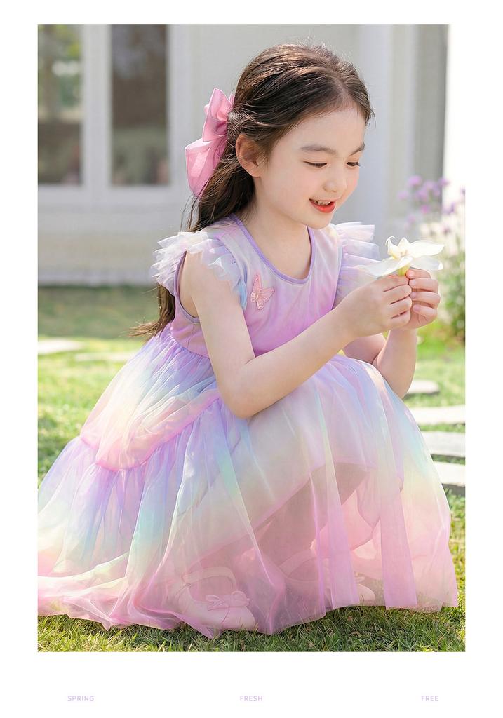 Irregular Gradient Mesh Princess Skirt: Sweet Summer Children's Little Flying Sleeve Dress for Girls, Thin Edition