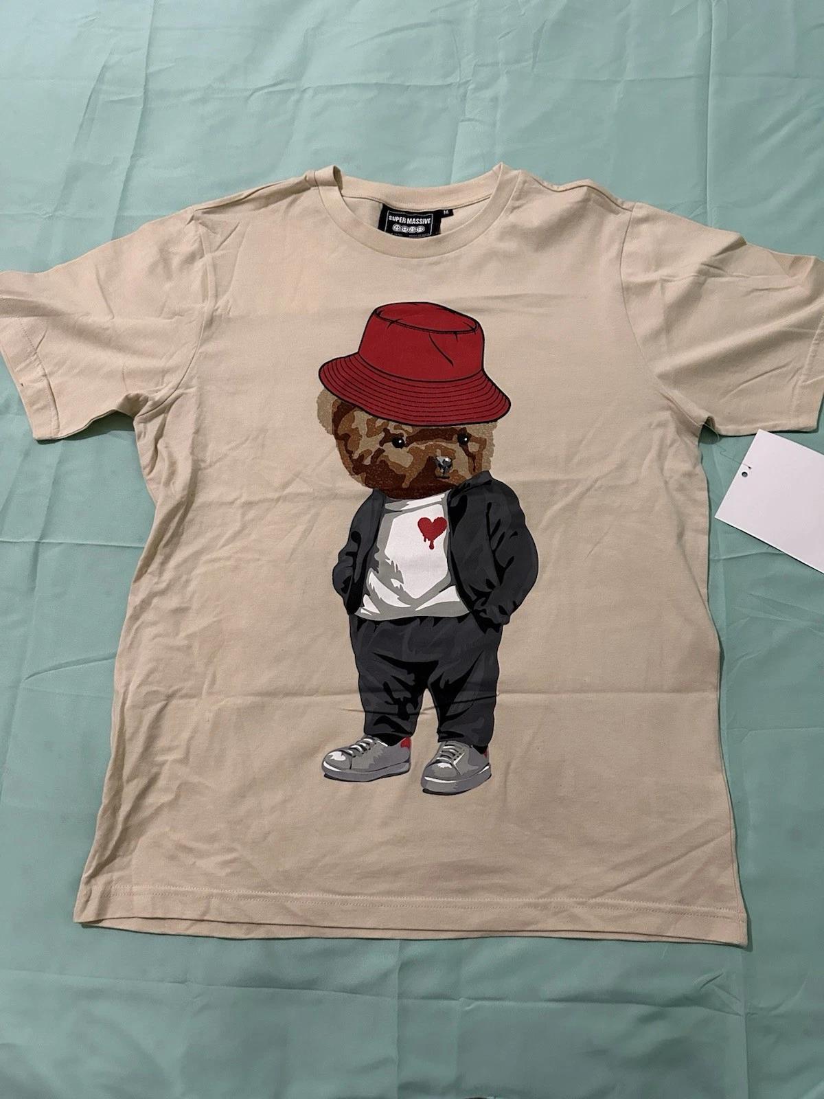 Hip Hop Teddy Bear Beige 100% Cotton T-shirt Mens Tees Top L
