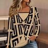 Tops for Women Geometric Pattern Print Long Sleeve Fake Two‑Piece Top Fall Casual Slim Pullover Women's Long Sleeve Top