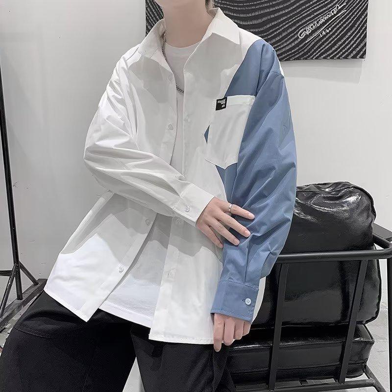 Men's Trendy Spliced Long-Sleeve Casual Shirt Set for Spring and Autumn