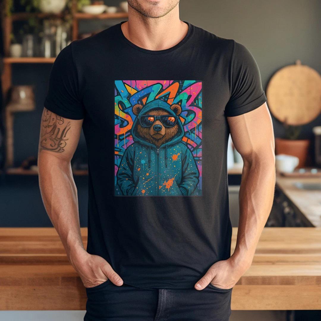 Urban Hip Hop Teddy Bear in Sunglasses Cool Graffiti Graphic T-Shirt XL