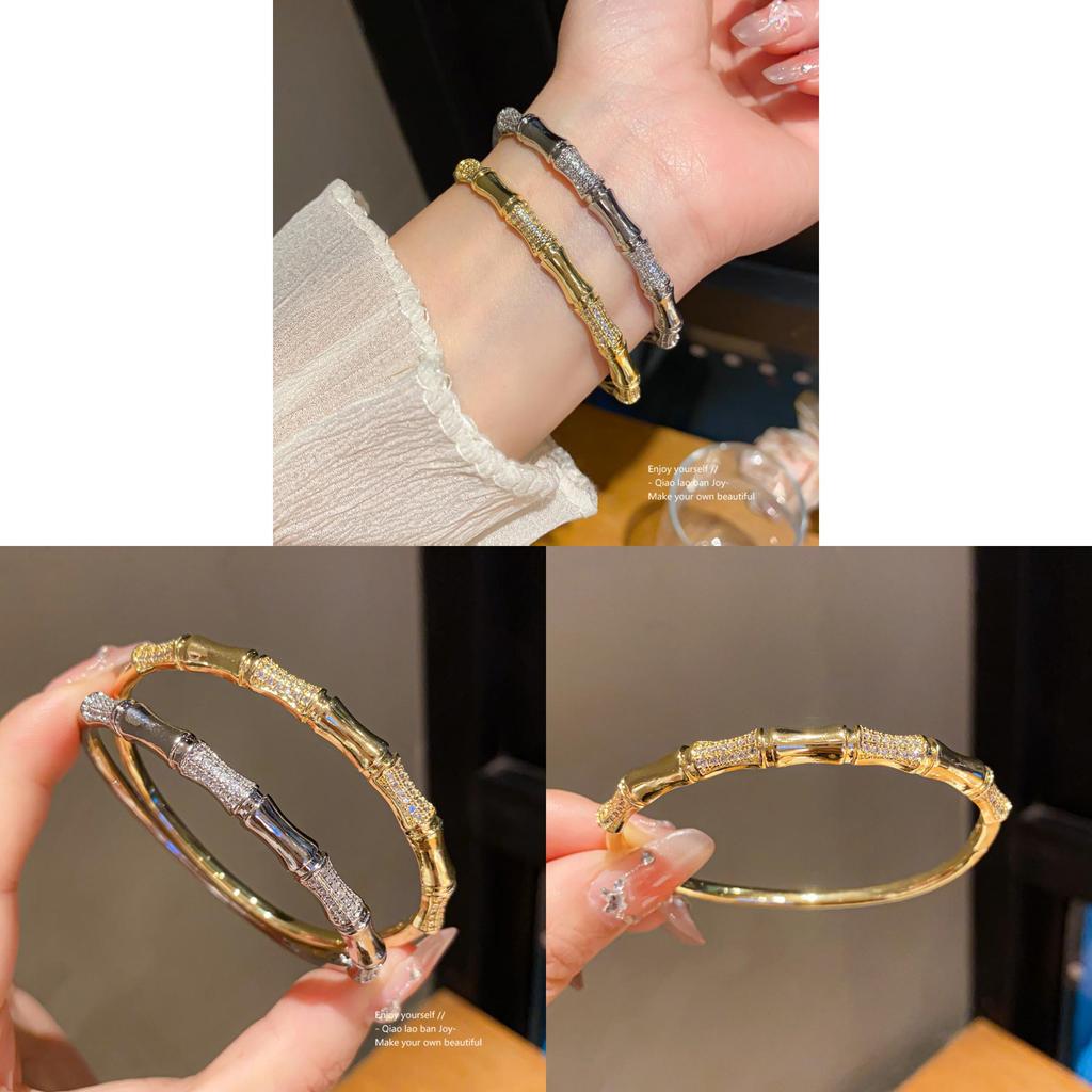 Copper Zircon Bamboo Charm Bracelet With Gold Plating And Trendy Style For Daily Wear