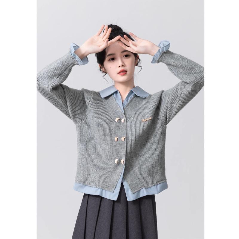 

Fake two-piece neck sweater women s spring and autumn new college style splicing knitted cardigan jacket short top average size 80-145 светло-серый