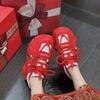 Leather dad shoes women's shoes 2025 new small versatile platform red sports and leisure New Year's high heels