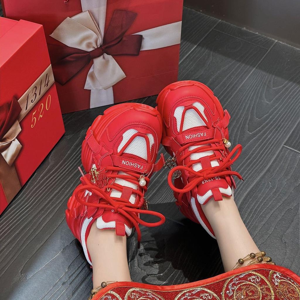 Leather dad shoes women's shoes 2025 new small versatile platform red sports and leisure New Year's high heels