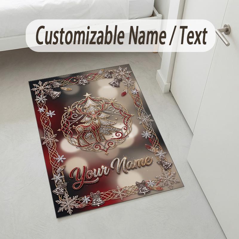 Christmas Theme Crystal Velvet Rug Personalized Custom Name Text Soft Floor Mat Home Decor