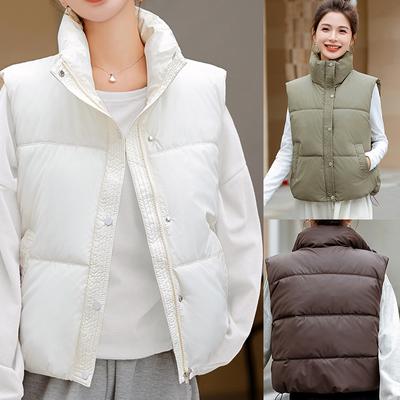 Autumn Winter Women Solid Color Vests Stand Collar Sleeveless Outerwear Cotton Padded Coats Female Warm Waistcoat Zipper Jackets