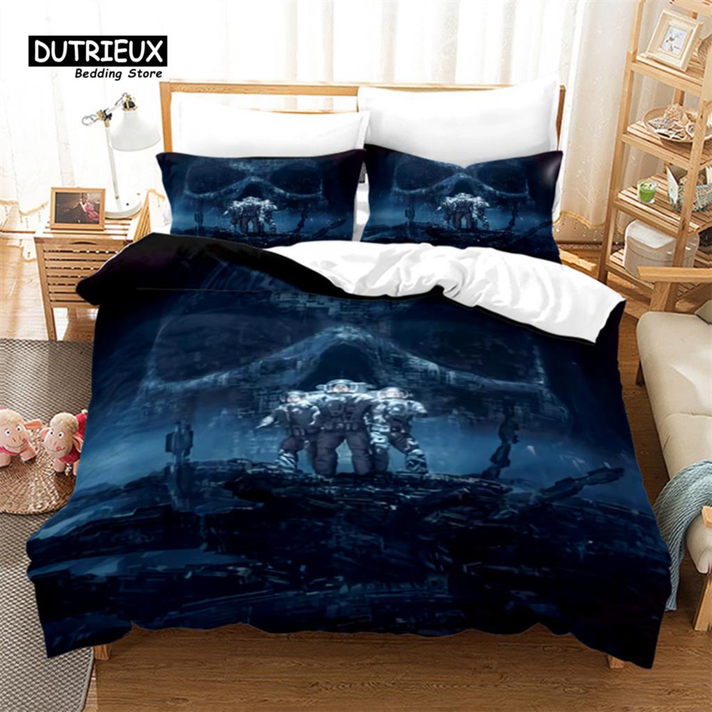 Skull Duvet Cover Microfiber Horror Theme Bedding Set Grunge Scary Skulls Sketchy Graveyard Death Evil Face Full Comforter Cover