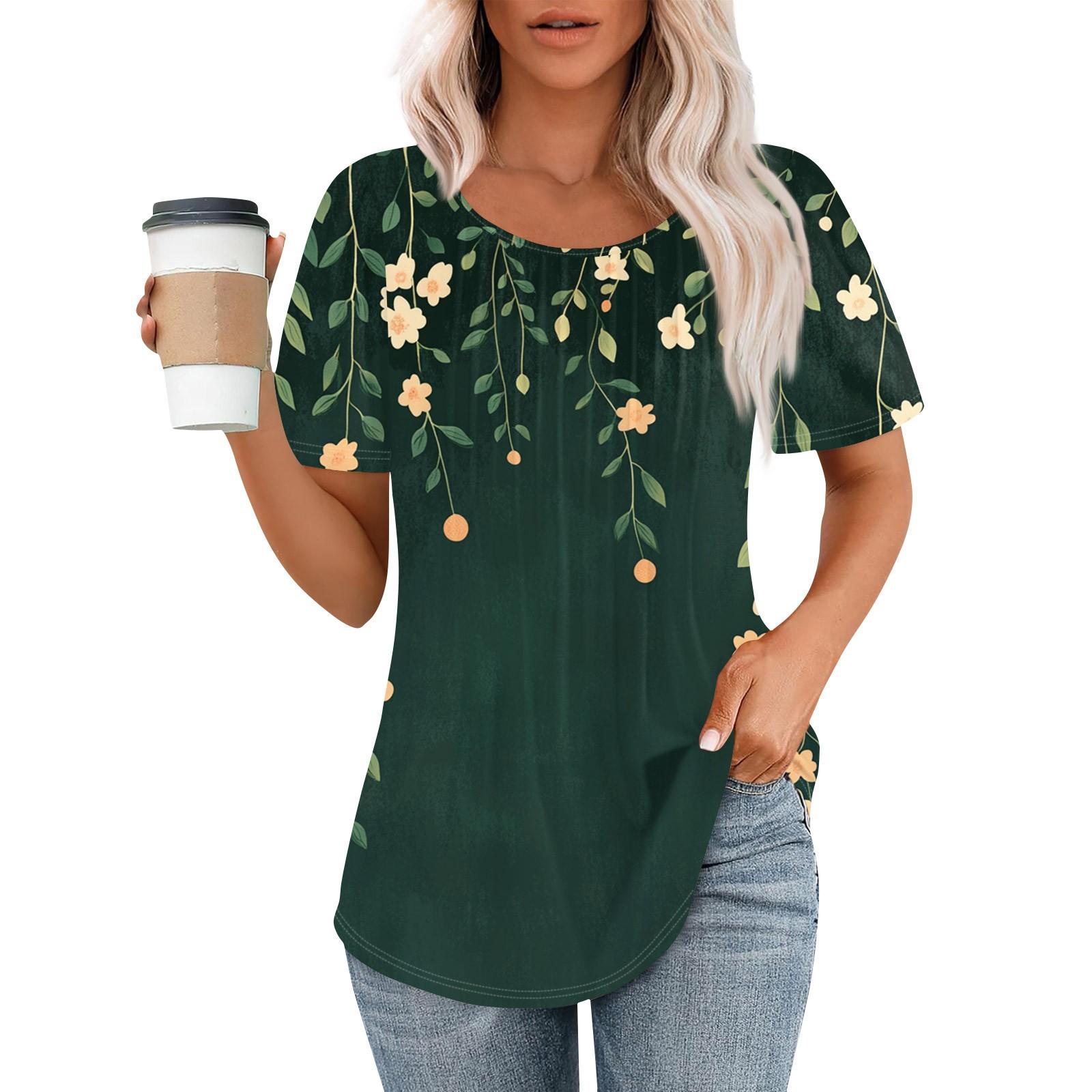 

Женская модная повседневная плиссированная футболка в полоску с круглым вырезом и цветочным принтом с короткими рукавами, топ XL арбуз красный