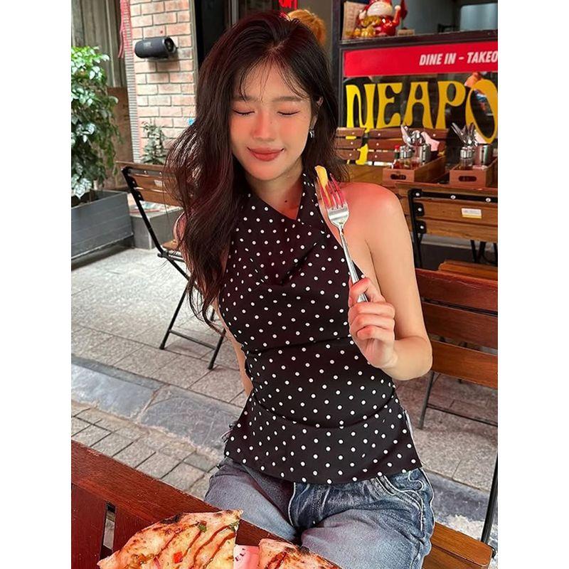Gusty Korean Chic Hot Girl Style Vintage Polka Dot Print Halter Camisole Pure Sexy Backless Top