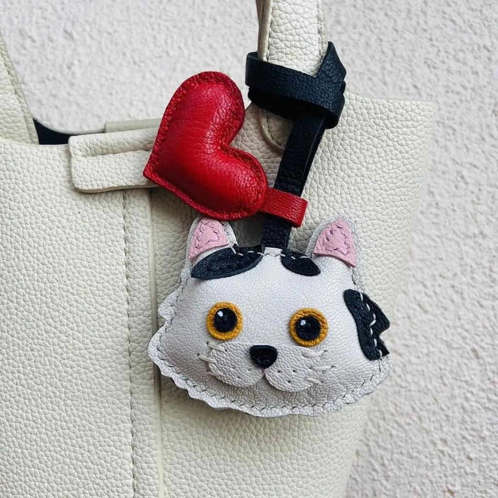 Cat Theme Brand Latest Cowhide Bag Hanging Accessories Sheepskin High Quality Key Chain Backpack Charms Diy Bag Decor Great Gift