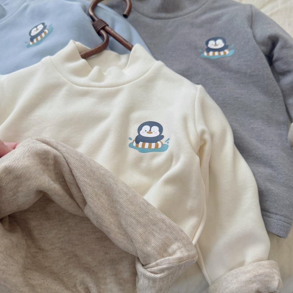 Cartoon Penguin Embroidered Half Turtleneck Long Sleeve Thickened Baby Base Layer for Boys and Girls