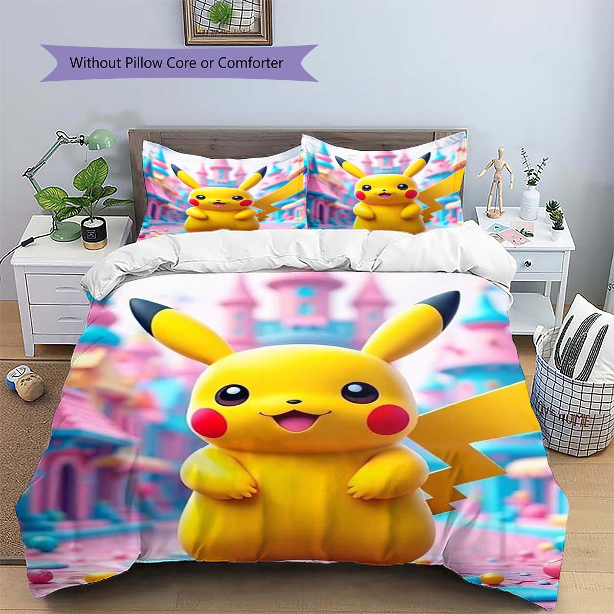 

Pikachu Patterned Pillowcase & Duvet Cover Set Anime Lifestyle Bedding for Bedroom Gift for Anime Fans.-TING 135x200cm