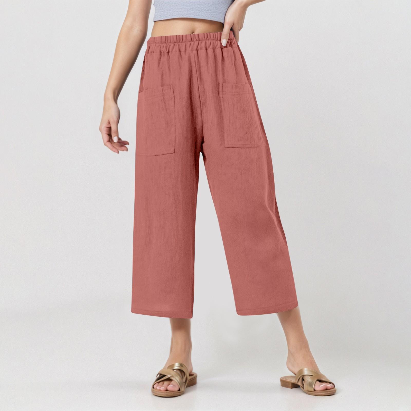 

Women s Elastic Waist Cropped Trousers Casual Cotton And Linen Trousers XL кавун червоний колір