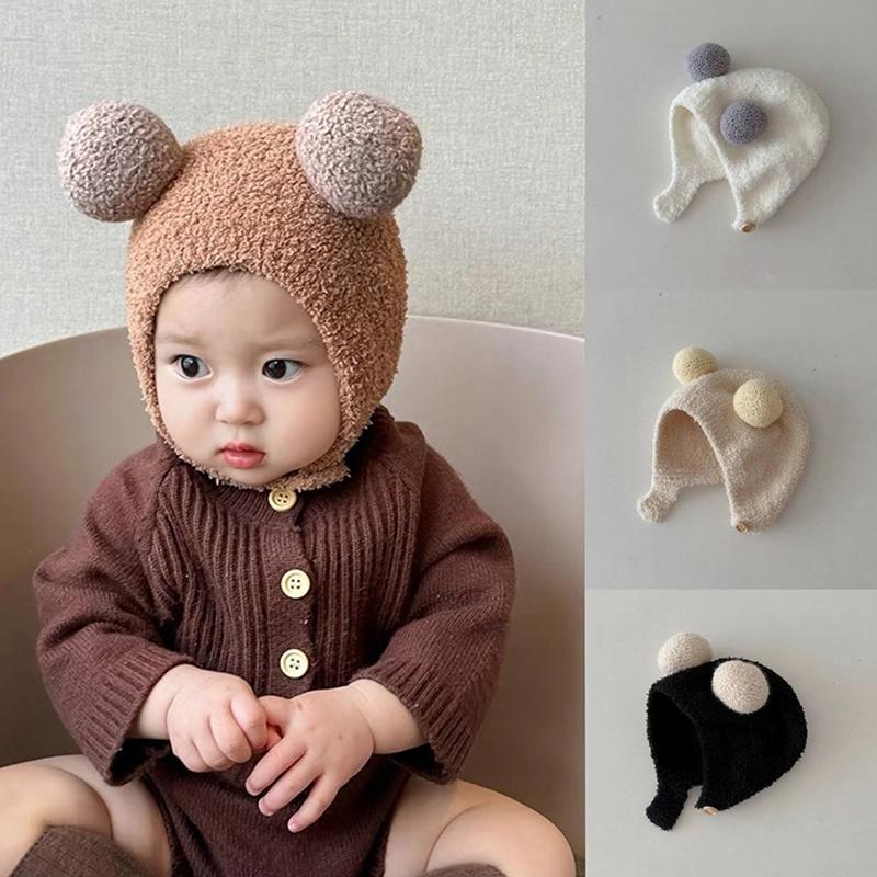 Cute Winter Warm Kids Baby Hats Fleece Hemming Caps With Ball Ear Protection Hats Soft Newborn Bonnet For Boys Girls