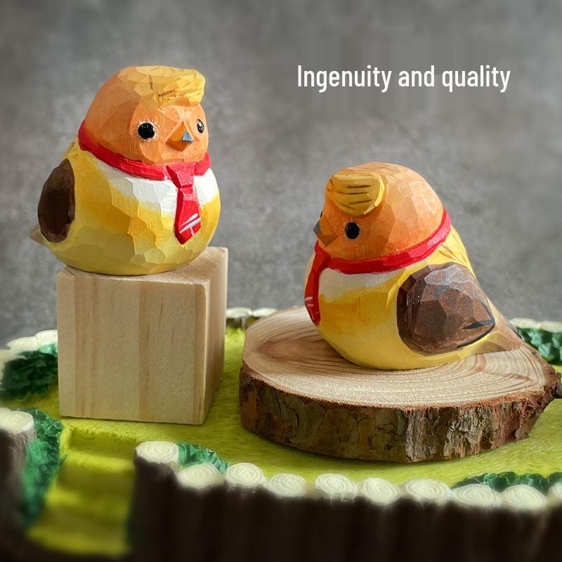 Handcrafted Solid Wood Bird Carving - Cute Animal Decor for Home or Office.